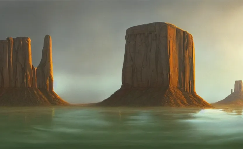 Prompt: hyperrealist painting of an giant cube from independence day ( 1 9 9 6 ) in a flooded monument valley stonehenge. 1 9 7 0 s science fiction, moody, misty, depth perception, 4 k, artstation, in the style of studio ghibli