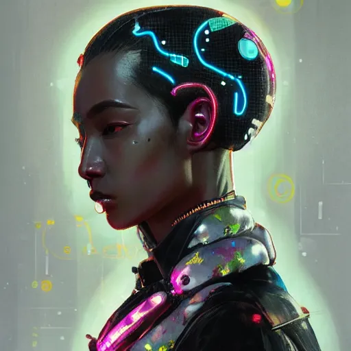 Prompt: detailed side profile portrait african american Neon Operator Girl, cyberpunk futuristic neon, reflective puffy coat, decorated with traditional Japanese ornaments by Ismail inceoglu dragan bibin hans thoma greg rutkowski Alexandros Pyromallis Nekro Rene Maritte Illustrated, Perfect face, fine details, realistic shaded, fine-face, pretty face