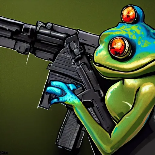 Image similar to cinematic shot of an anthropomorphic frog wearing a blue suit holding a black ak-47 in a swamp, highly intricate, highly detailed, epic,