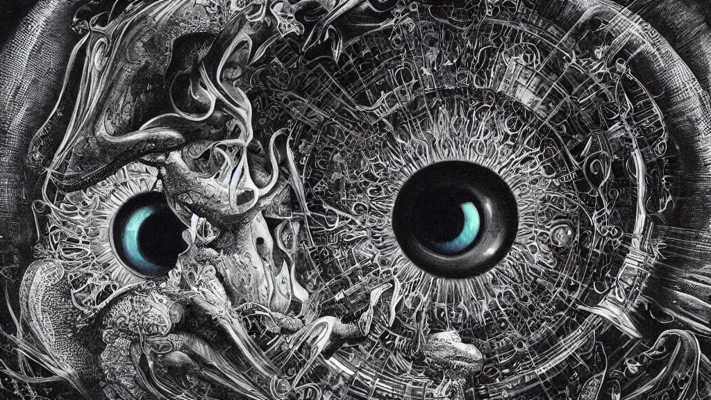 Prompt: a beautiful dreamy painting of a coronavirus inside evening television news, evil eye, dark, sinister, detailed, high contrast, art by Ernst Haeckel and Greg Rutkowski