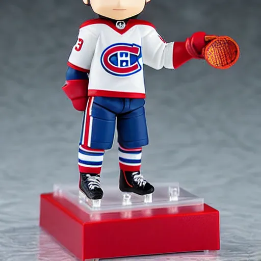 Image similar to high quality portrait flat matte painting of cute Nendoroid figurine of Patrick Roy Goaltender, in the style of nendoroid and manga NARUTO, number 33 on jersey, Patrick Roy Goaltender, An anime Nendoroid of Patrick Roy, hall of fame goalie Patrick Roy!!!, number 33!!!!!, Montreal Habs Canadiens figurine, detailed product photo, flat anime style, thick painting, medium close-up