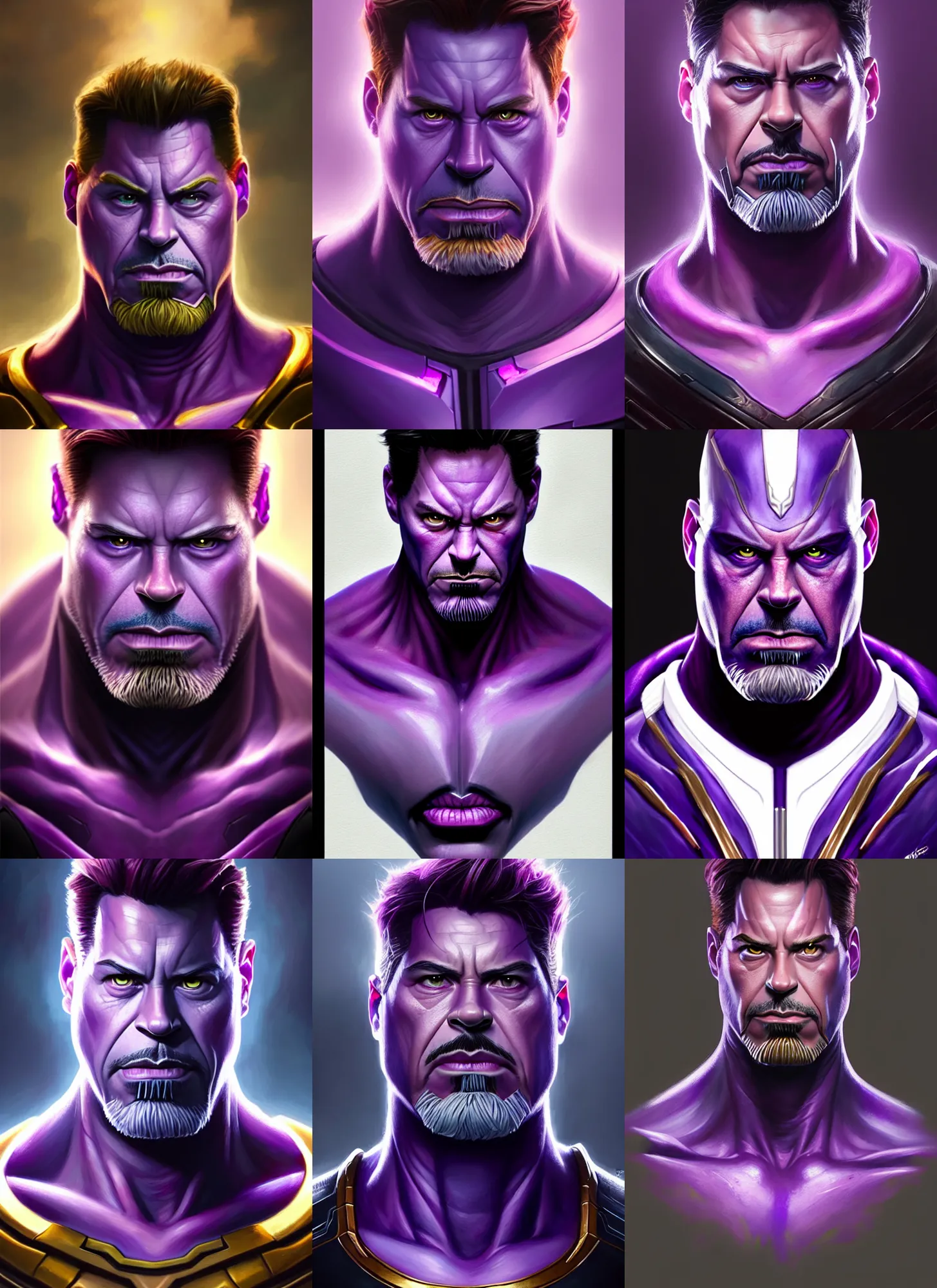 Prompt: a fantasy style portrait painting a character if tony stark and thanos had a son, purple skin, powerful chin, thanos style traits, painting, unreal 5, daz., rpg, portrait, extremely detailed, artgerm greg rutkowski _ greg