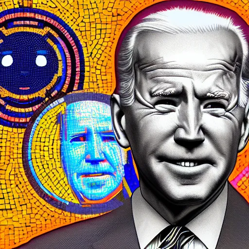 Image similar to portrait mosaic of joe biden with robot ears and eyes, 4k, intricate details, digital, sun in the background