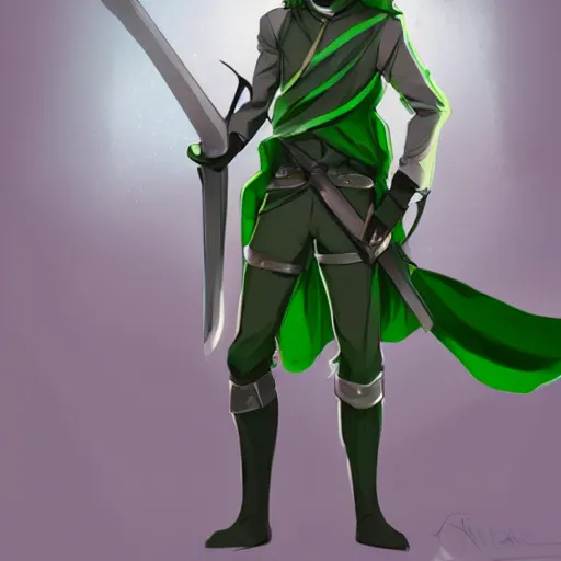 Image similar to anime fencer, green hair, male, character design, artstation, illustration