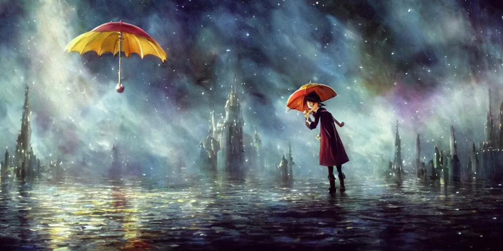 Image similar to a realistic and atmospheric cell - shaded concept art from howl's moving castle ( 2 0 0 4 ) of a multi - colored alien jumping into the air. a man with an umbrella is standing in a boat in a flooded city. it is a misty starry night. very dull muted colors, hd, 4 k, hq