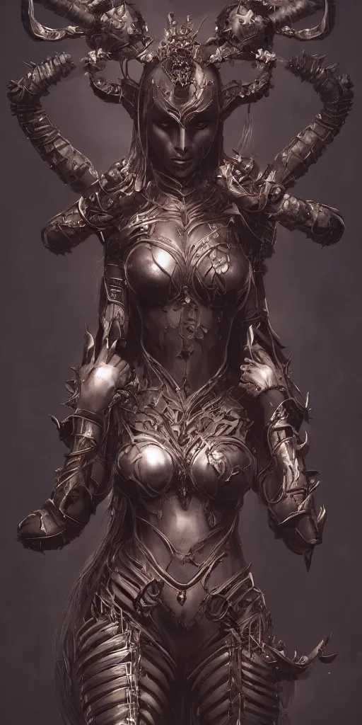 Image similar to dark dothic goddess with six arms, intricate armour made by Stanley Artgerm Lau, WLOP, Rossdraws, ArtStation, CGSociety, concept art, cgsociety, octane render, trending on artstation, artstationHD, artstationHQ, unreal engine, 4k, 8k,