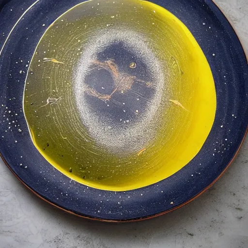 Image similar to olive oil and vinegar drizzled on a plate in the shape of the solar system