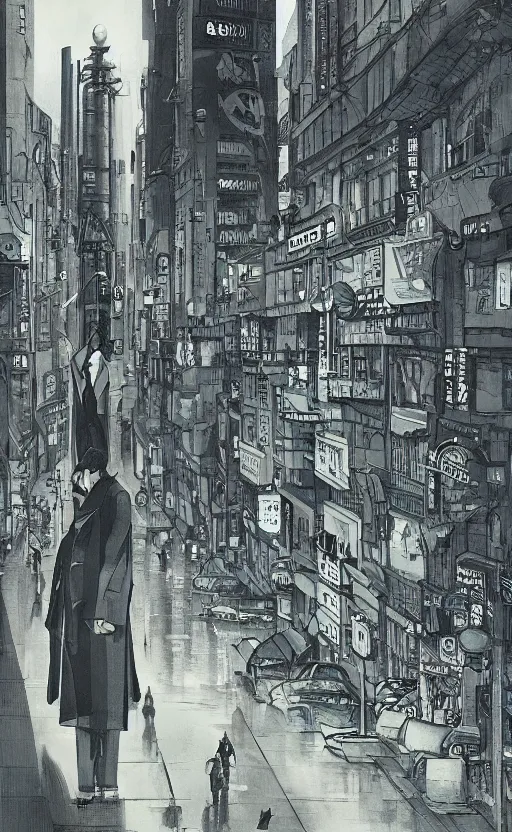 Prompt: a tall man standing next to a huge car in a street, tokyo city in the background, people walking in the distance, reflections on wet streets, dieselpunk style, steampunk, architecture by francois schuiten, beautiful illustration, painting, clean lines, digital art, symmetric, colorful retro futurism, artstation, plein air, game art, isometric