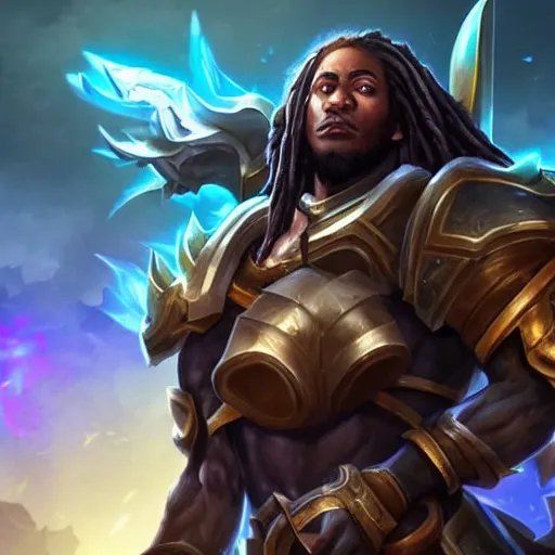 Prompt: a black man with dreadlocks wearing armor, he is holding two large guns, league of legends, 4k