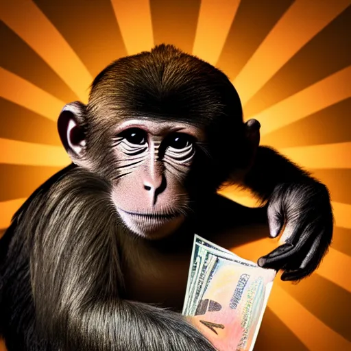 Image similar to monkey holding money, chromatic, crepuscular rays, dslr, caravaggio, ciane color, dof