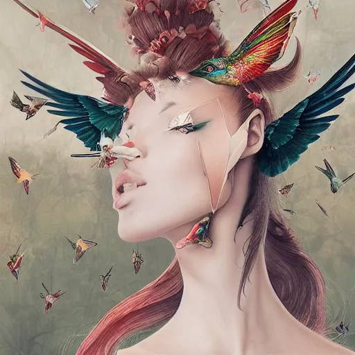 Image similar to full length view of a beautiful girl wearing an origami dress, hummingbirds, elegant, by esao andrews, by eiko ishioka, givenchy, by peter mohrbacher, centered, dramatic, floral ornamentic on cloth and hair, detailed beautiful face, high depth of field, origami, detailed fashion illustration, vogue, japanese, reallusion character creator