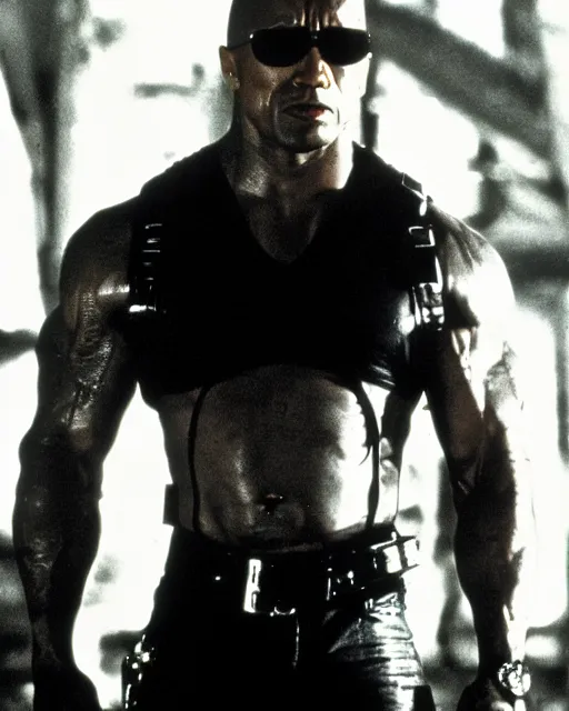 Image similar to Film still close-up shot of Dwayne Johnson as the Terminator from the movie Terminator 2. Photographic, photography