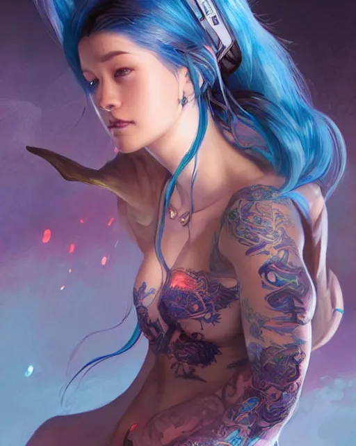 Image similar to stunningly beautiful female with a dragon back tattoo, blue hair, dj sura, laser lights, sharp focus, digital painting, 8 k, concept art, art by wlop, artgerm, greg rutkowski and alphonse mucha