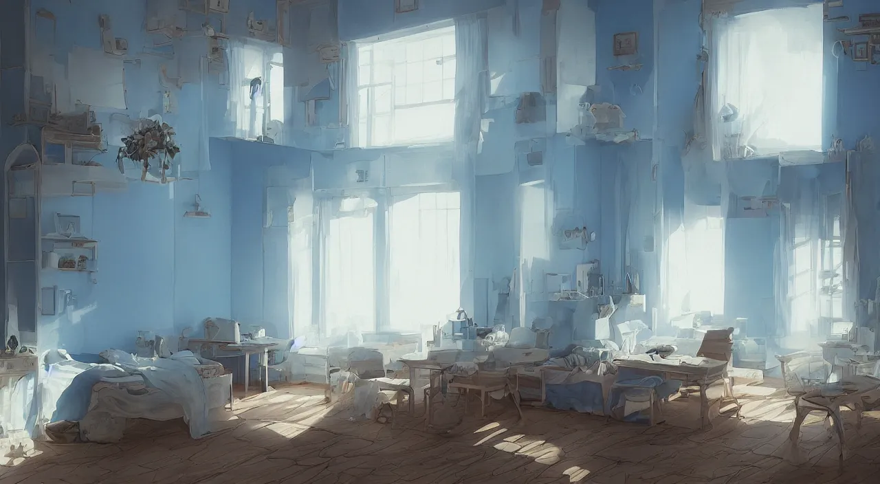 Prompt: Big room with blue walls, white carpet on the floor, clocks hanging on the wall, wooden table in the corner, and a window overlooking the desert dunes，by Makoto Shinkai and Thomas Kinkade, fantasy matte painting, trending on cgsociety and unreal engine，light effect，highly detailed，super wide angle，