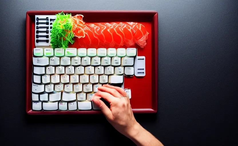 Image similar to product photography of a computer keyboard with keys made out of sushi, on a platter, studio lighting, detailed