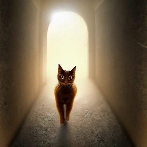 Image similar to a ginger cat that is walking down a hallway, egyptian art by hanns katz, pixabay contest winner, magical realism, anamorphic lens flare, storybook illustration, matte painting