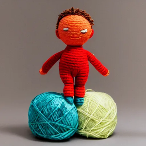 Prompt: yarn doll, hide the pain harold, product photography, commercial lighting