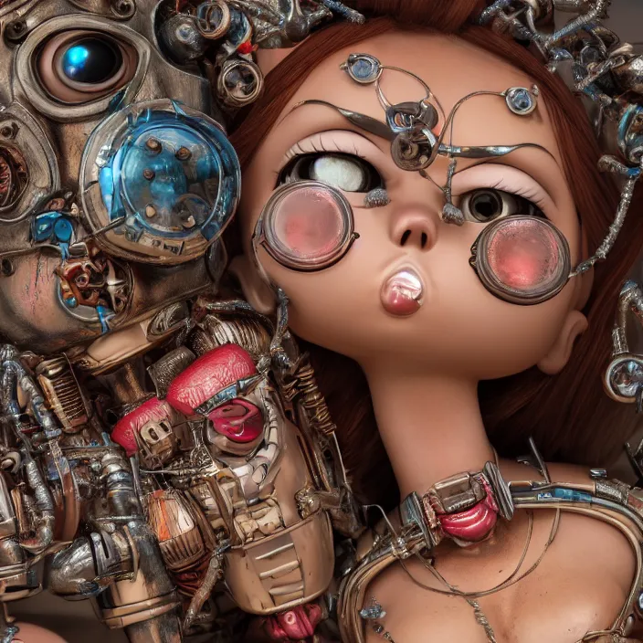 Prompt: closeup portrait of tin toy robot bikini girl trap, depth of field, zeiss lens, detailed, symmetrical, centered, fashion photoshoot, by nicoletta ceccoli, mark ryden, lostfish, breathtaking, 8 k resolution, extremely detailed, beautiful, establishing shot, artistic, hyperrealistic, octane render