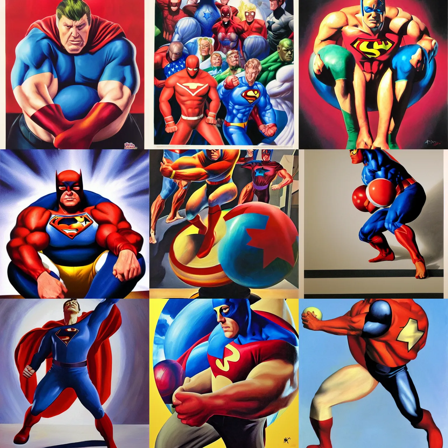 Prompt: bowling ball with the body of a superhero, fighting bowling pins, painting, art by Alex Ross