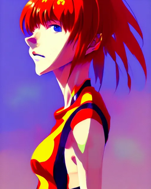 Image similar to a ultradetailed painting of a asuka from evangelion, she is wearing a tank top by conrad roset, greg rutkowski and makoto shinkai trending on artstation