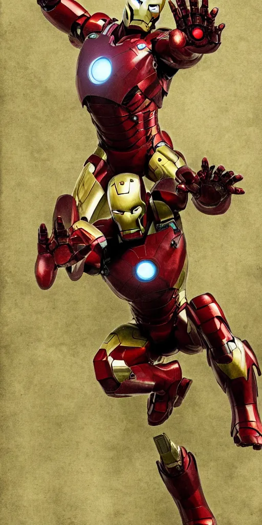 Image similar to iron man by hieronymus bosch, highly detailed, realistic, abstract background, action pose