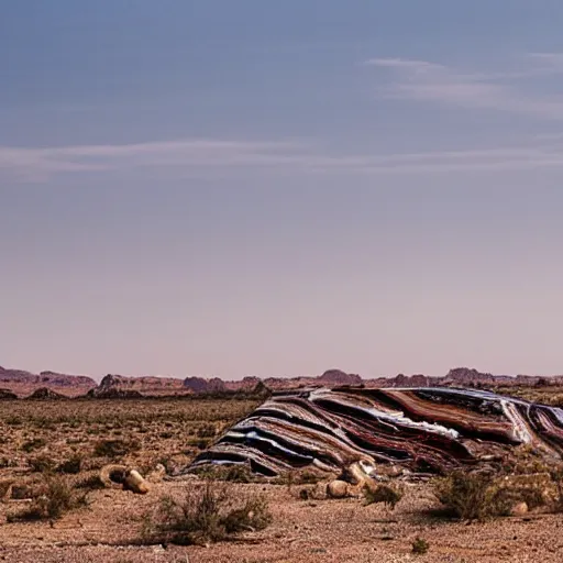 Image similar to a desolate arid landscape with pillars of banded agate reaching the sky