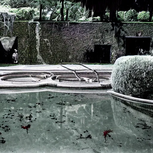 Image similar to the Playboy mansion's grotto abandoned, the pool is drained and covered with algae and weeds growing through cracks, the heat is oppressive. Lomo style.