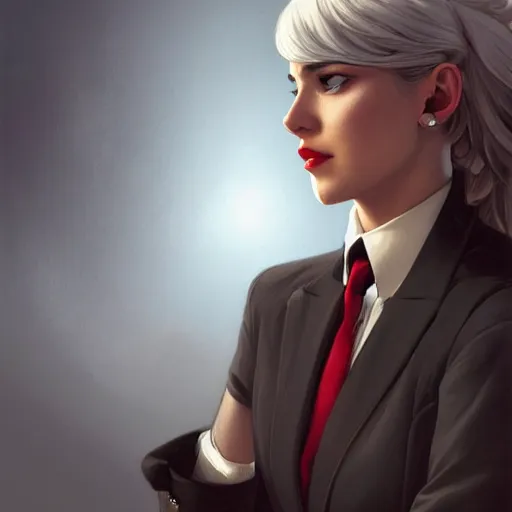 Prompt: a girl wearing a business suit, grey hair, red necktie, cinematic, twintails, stunning, highly detailed, digital painting, artstation, smooth, hard focus, full body shot, illustration, art by artgerm and greg rutkowski and alphonse mucha