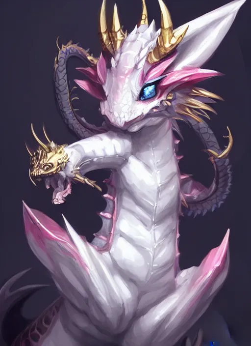 Image similar to cute dragon cute dragon, black, white, blue, pink and gold color scheme, flowers, cool, highly detailed, artgerm, cushart krenz, artstation, soft light, sharp focus, illustration, character design, concept art