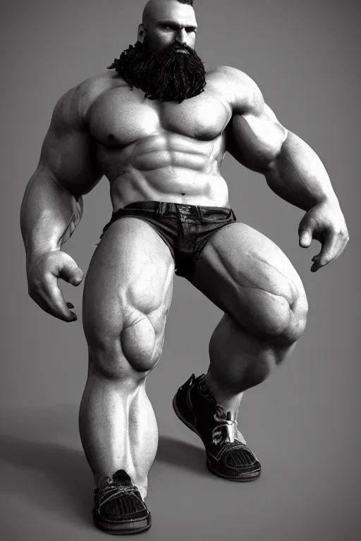 Image similar to a very muscular man with big beard wearing jeans, seductive pose, hyperrealistic, concept art, octane render, unreal engine 5, trending on artstation, high quality, highly detailed, stylish, elegant, path traced, black and white, realistic and detailed face, anatomically correct, five fingers, cinematic, high coherence, dramatic lighting, 8 k