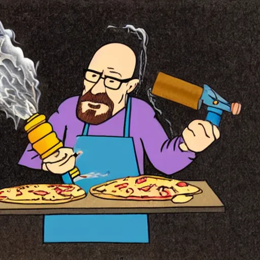 Image similar to drawing of walter white cooking pizza with a blowtorch by bill watterson