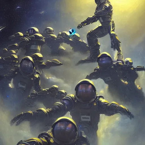 Image similar to space soldiers invading an space station, detailed, centered, digital painting, artstation, concept art, donato giancola, Joseph Christian Leyendecker, WLOP, Boris Vallejo, Breathtaking, 8k resolution, extremely detailed, beautiful, establishing shot, artistic, hyperrealistic, beautiful face, octane render