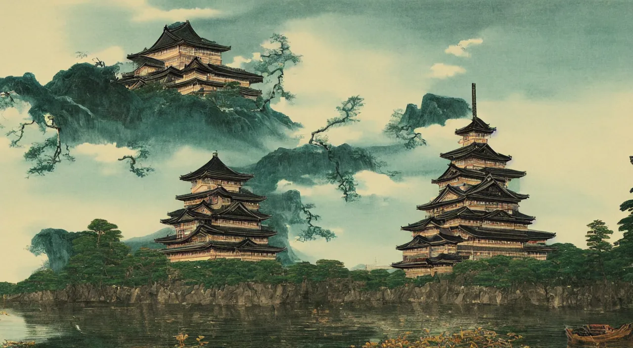 Prompt: a Japanese castle, by Thomas Cole