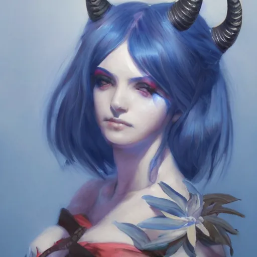 Prompt: a beautiful painting of Akasha, a woman with heavy eyeshadow, blue skin and horns by krenz cushart, trending on artstation