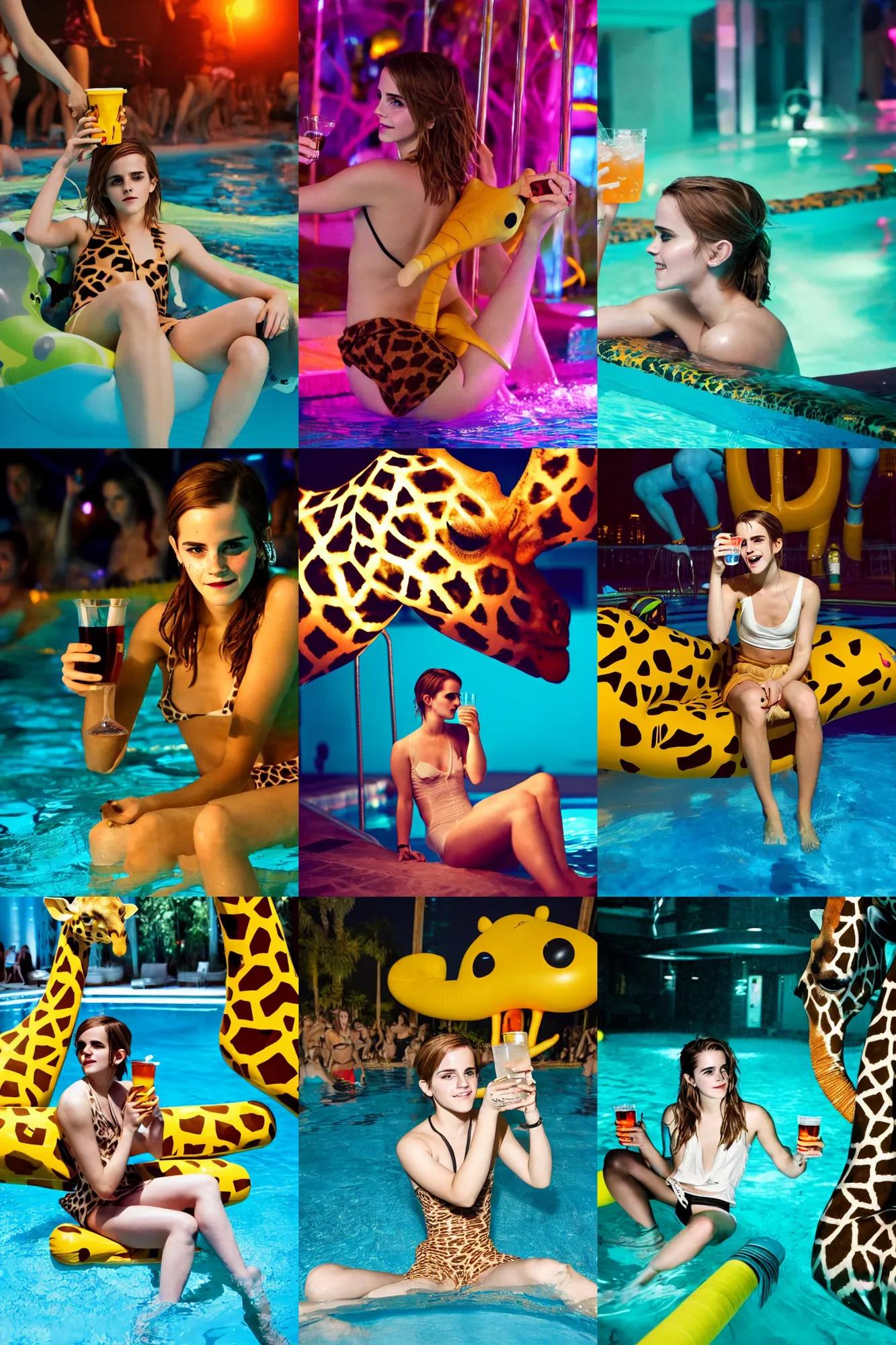 Prompt: a photo of a drunk emma watson holding a drink and sitting in a big giraffe float, having fun in a pool party in a modern indoors pool with cyberpunk illumination at night. visually stimulating photo. coherent. 8 k.