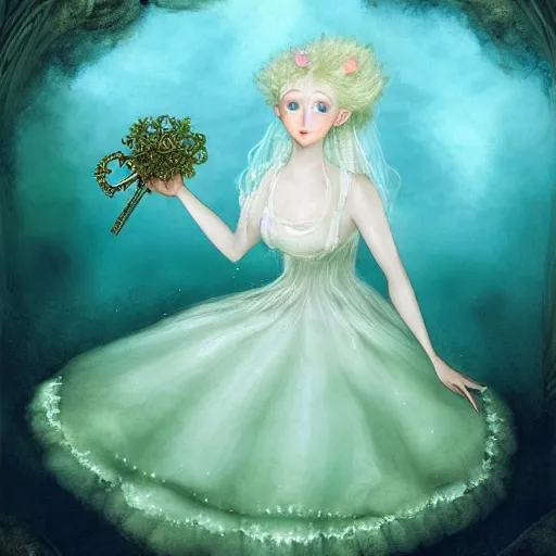 Prompt: A white haired, (((happy))) elf princess, dressed in a frilly ((lace)), wedding dress, is ((holding a key)). Everything is underwater! and floating. Greenish blue tones, theatrical, (((underwater lights))), high contrasts, fantasy water color, inspired by John Everett Millais's Ophelia