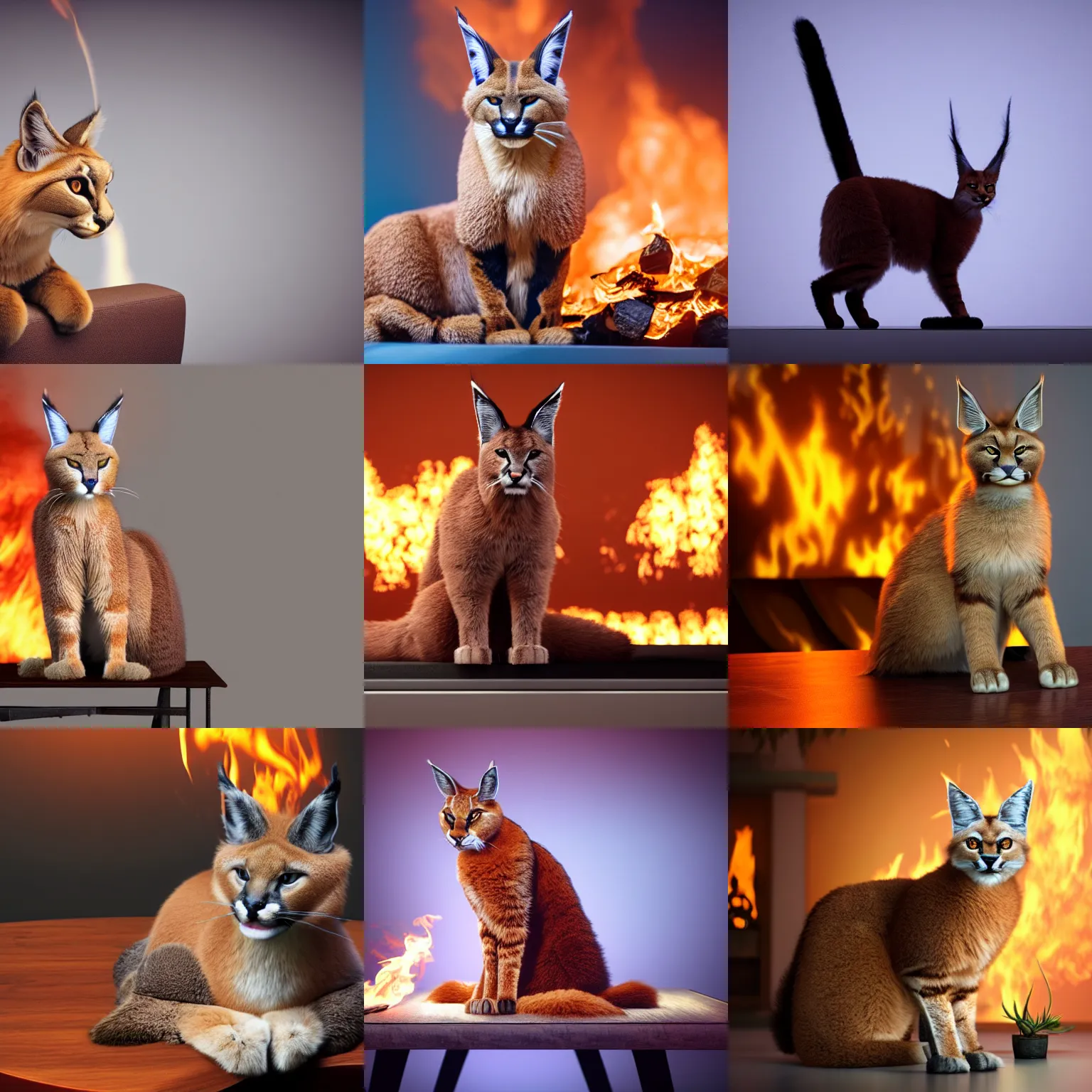 Prompt: wide-angle photo of fluffy cute caracal sitting on a chair near a table in a room, lots of flames of fire at background, octane render, 3d, 8k , hd, studio light