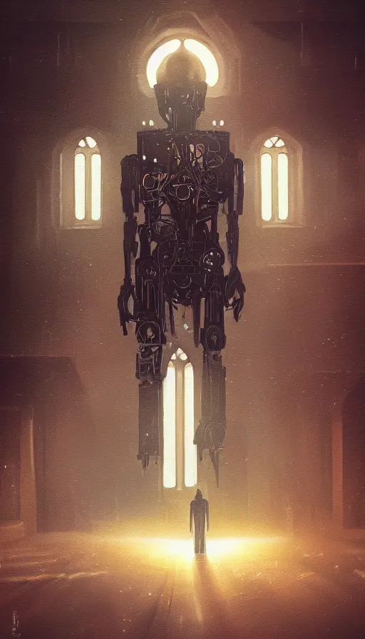 Image similar to portrait of broken humanoid metal robot praying in empty church, sunshine through window, bladerunner, cold color scheme, digital illustration, artstation, cinematic composition