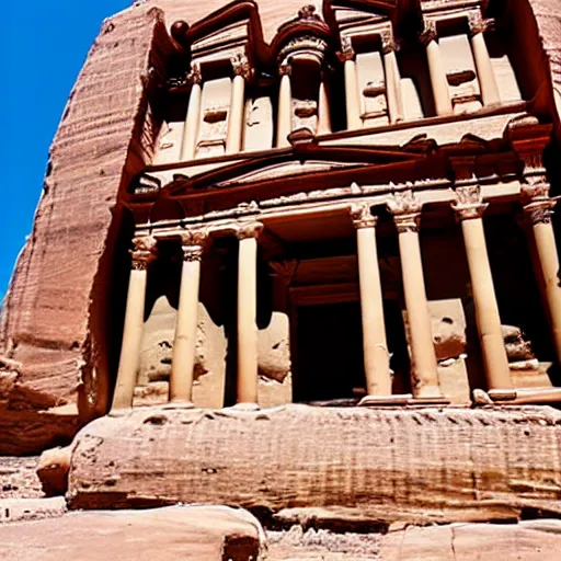 Image similar to the temple of petra with columns carved as anime characters