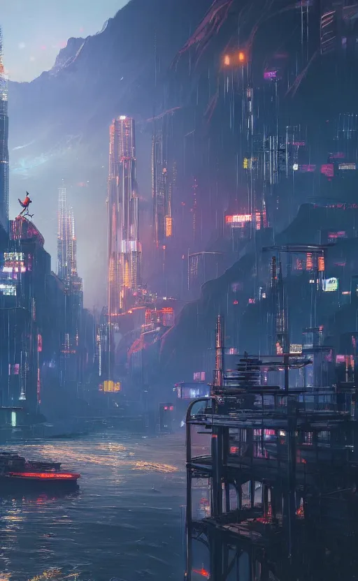 Prompt: a beautiful painting of mountains and rivers, a crane standing on the river, with bell tower in the distance, cyberpunk, by hiroshi yoshida and james gurney, unreal engine, bright style