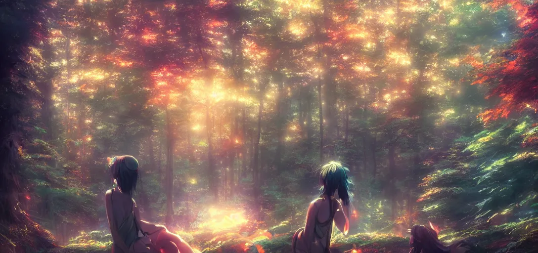 Image similar to anime forest, magical, mythical, ethereal, hyper realistic, straight lines 8k hdr pixiv dslr photo by Makoto Shinkai ilya kuvshinov and Wojtek Fus, digital art, concept art,