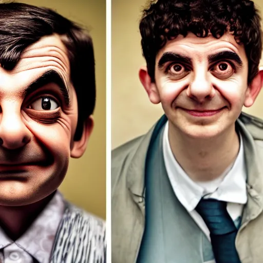 Image similar to A portrait mr bean teams up with a teenage mr bean, perfect faces, 50 mm, award winning photography