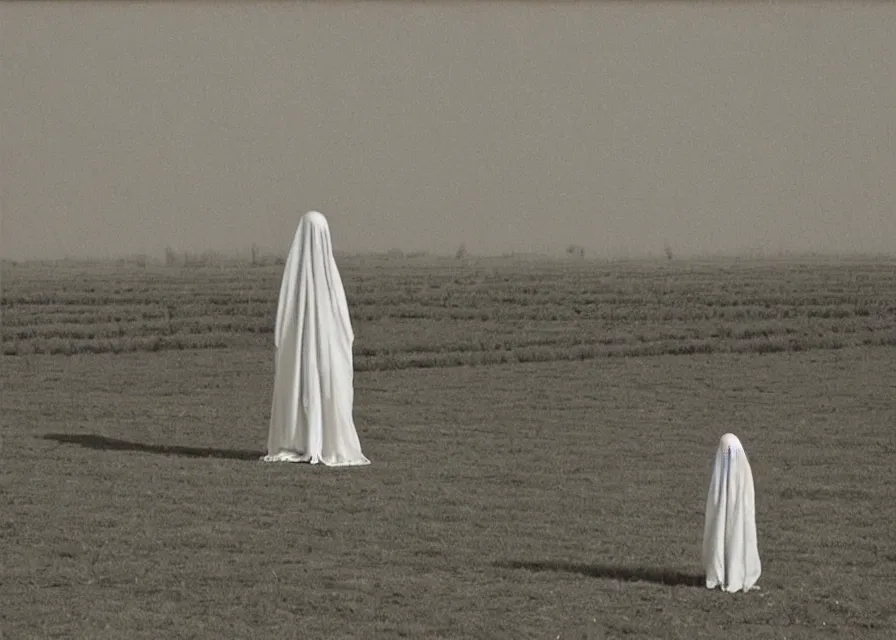 Image similar to white sheet ghost standing in an empty field, by jean charlot