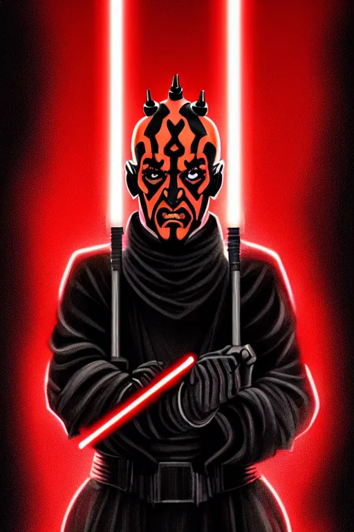 Image similar to a portrait of the darth maul from star wars, neon, cyberpunk, short beard, high - contrast, intricate, elegant, highly detailed, digital painting, artstation, concept art, smooth, sharp focus, illustration