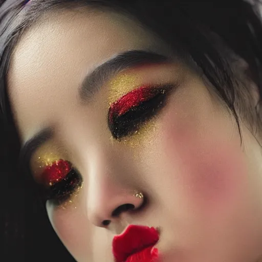 Image similar to filmstill, over the shoulder photography of asian girl with golden makeup looking in to the camera, black lips, black kimono, black pagoda, black face tattoo, sad mood, god rays, volumetric light, lightbeams, art noveau style, neobrutalistic