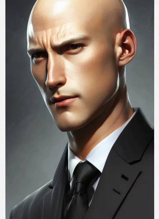 Image similar to ultra realistic illustration, handsome saitama. intricate, elegant, black suit, highly detailed, digital painting, artstation, concept art, smooth, sharp focus, illustration, art by artgerm and greg rutkowski and alphonse mucha and wlop