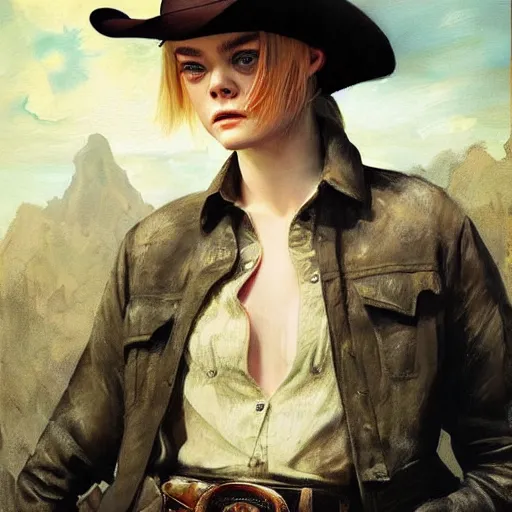 Prompt: ultra realistic portrait painting of elle fanning as a western outlaw, art by frank frazetta and bosch, 8 k, ultra realistic, highly detailed, epic lighting, dark vibes, vintage levi ’ s ad,