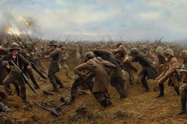 Prompt: american civil war trench battle, shots fired, explosions all around, wide shot, cinematic, realistic painting in the style of jules breton