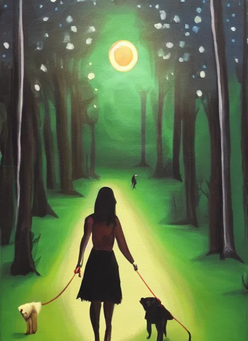 Image similar to young brown woman walking her dog in a park at night with a full moon, acrylic painting, fantasy