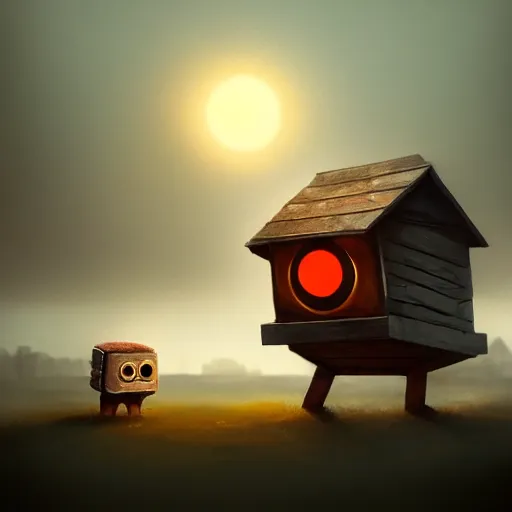 Image similar to a walking small wood house with two mechanical legs and two glowing eyes and a mouth, rust, hyperrealistic, pareidolia, highly detailed, cinematic, single ray of sun, fog, city in background, beautiful, cgssociety, artstation, 8 k, oil painting